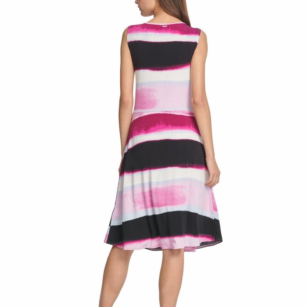 NWT DKNY Striped A-Line Dress Crew Neck Sleeveless Women Purple White size XL - Picture 3 of 12